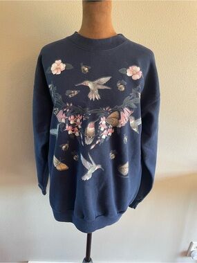 Vintage Hanes Navy Crewneck Sweatshirt with Hummingbird & Floral Print